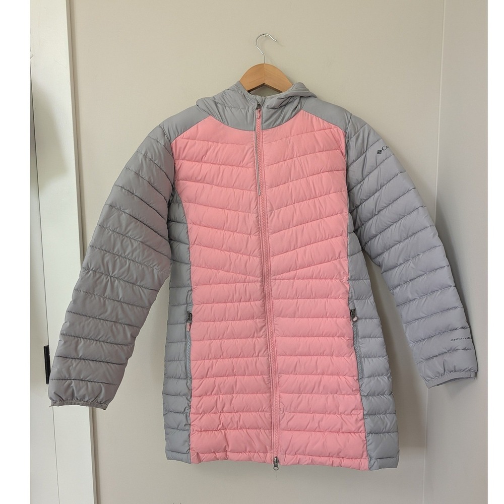 Columbia Girls Pink Grey Omni-Heat Slopes Edge Hooded  Puffer Jacket Mid-length